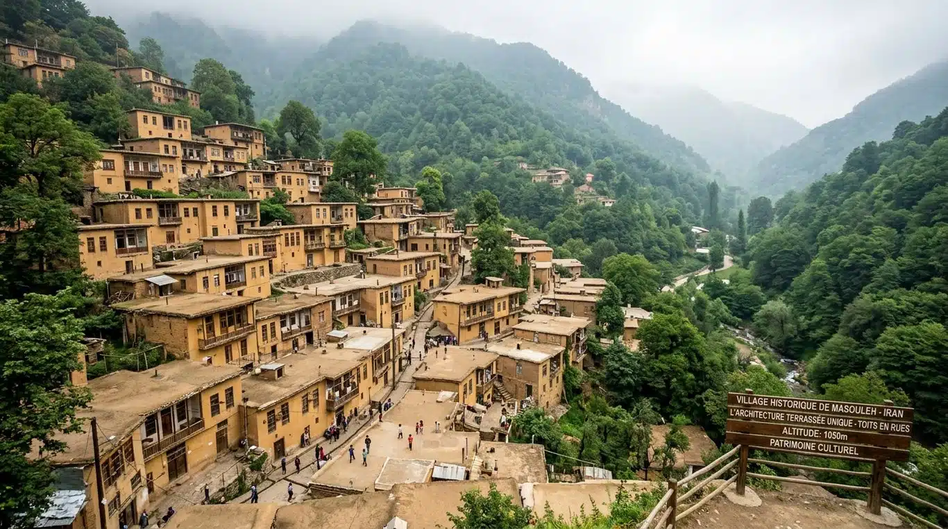 Vue panoramique du village de Masouleh en Iran avec ses maisons en terrasses caractéristiques