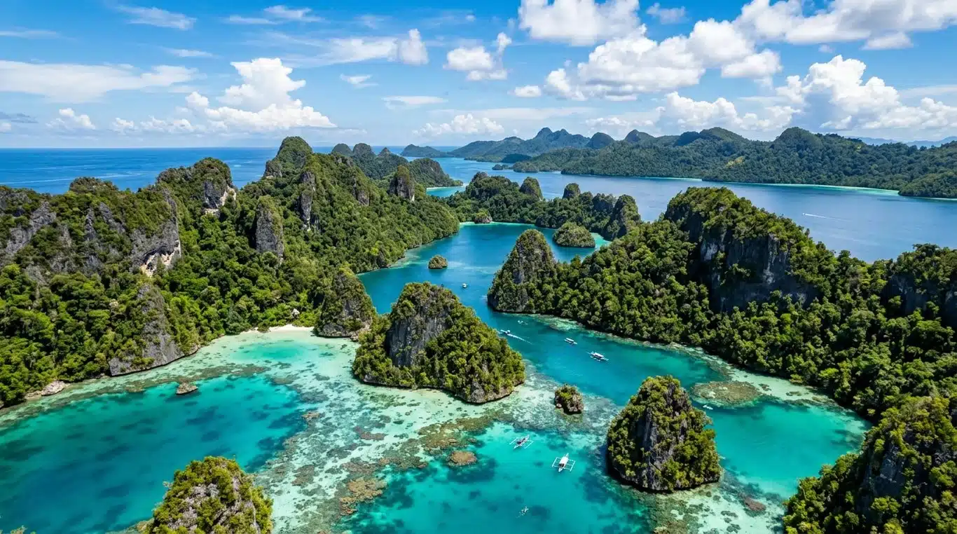 Paysage aérien spectaculaire des îles Raja Ampat avec ses formations karstiques et ses eaux turquoise.