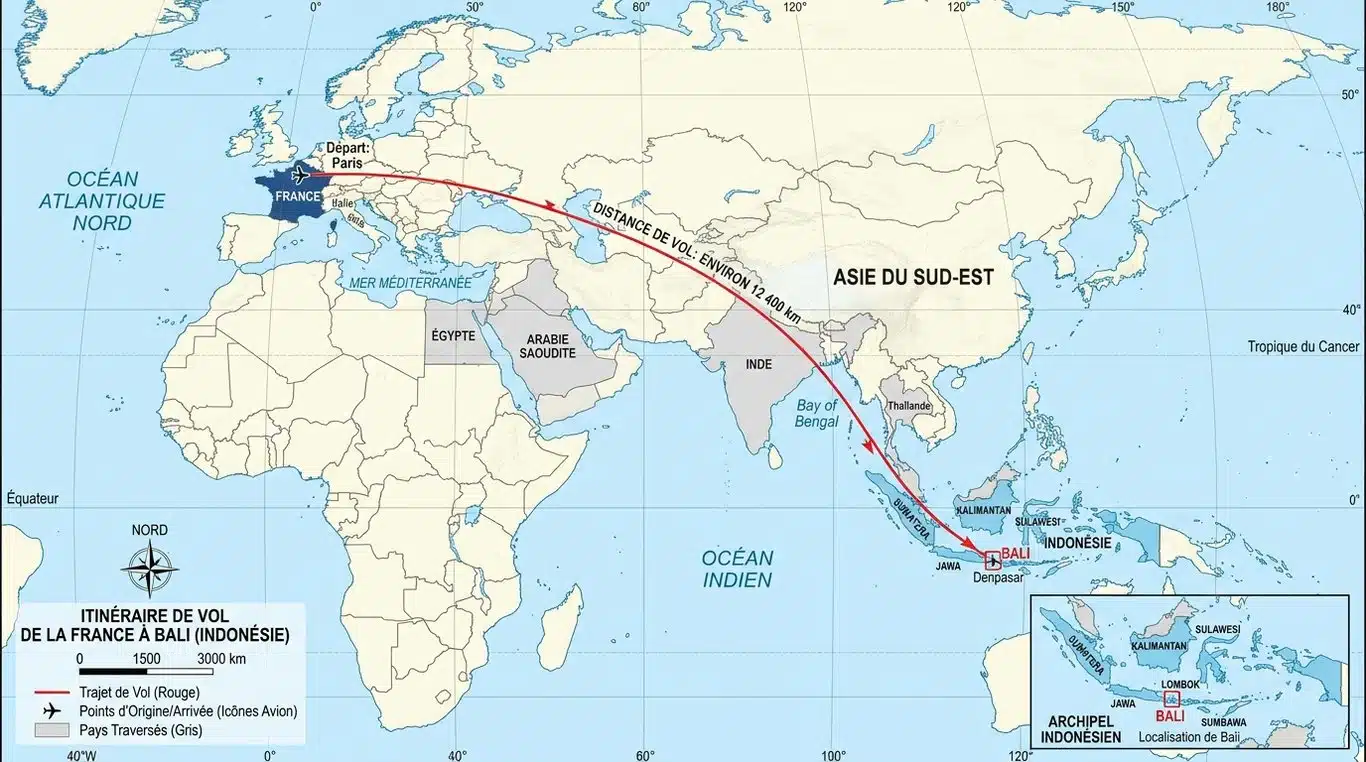 Carte du monde illustrant la distance et la localisation de Bali par rapport à la France