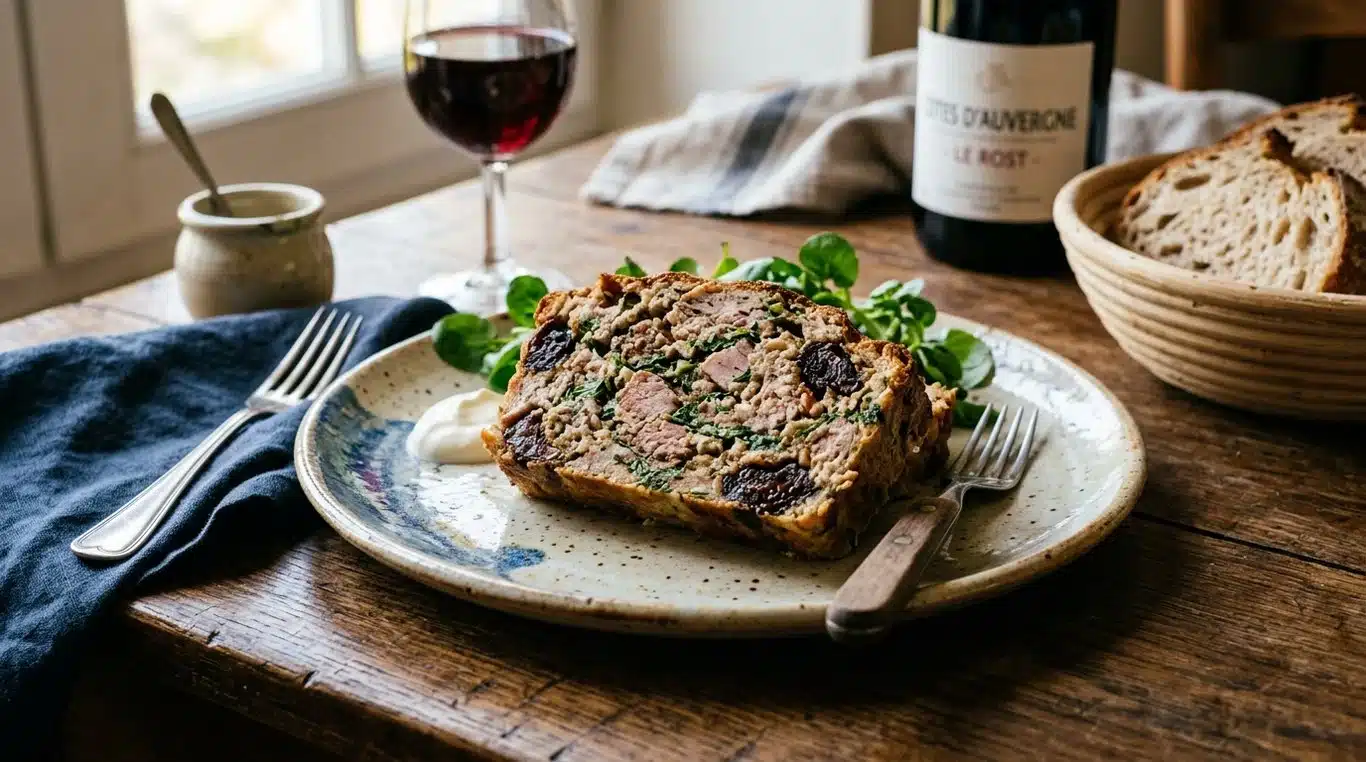Tranche de pounti traditionnel du Cantal avec ses pruneaux et herbes