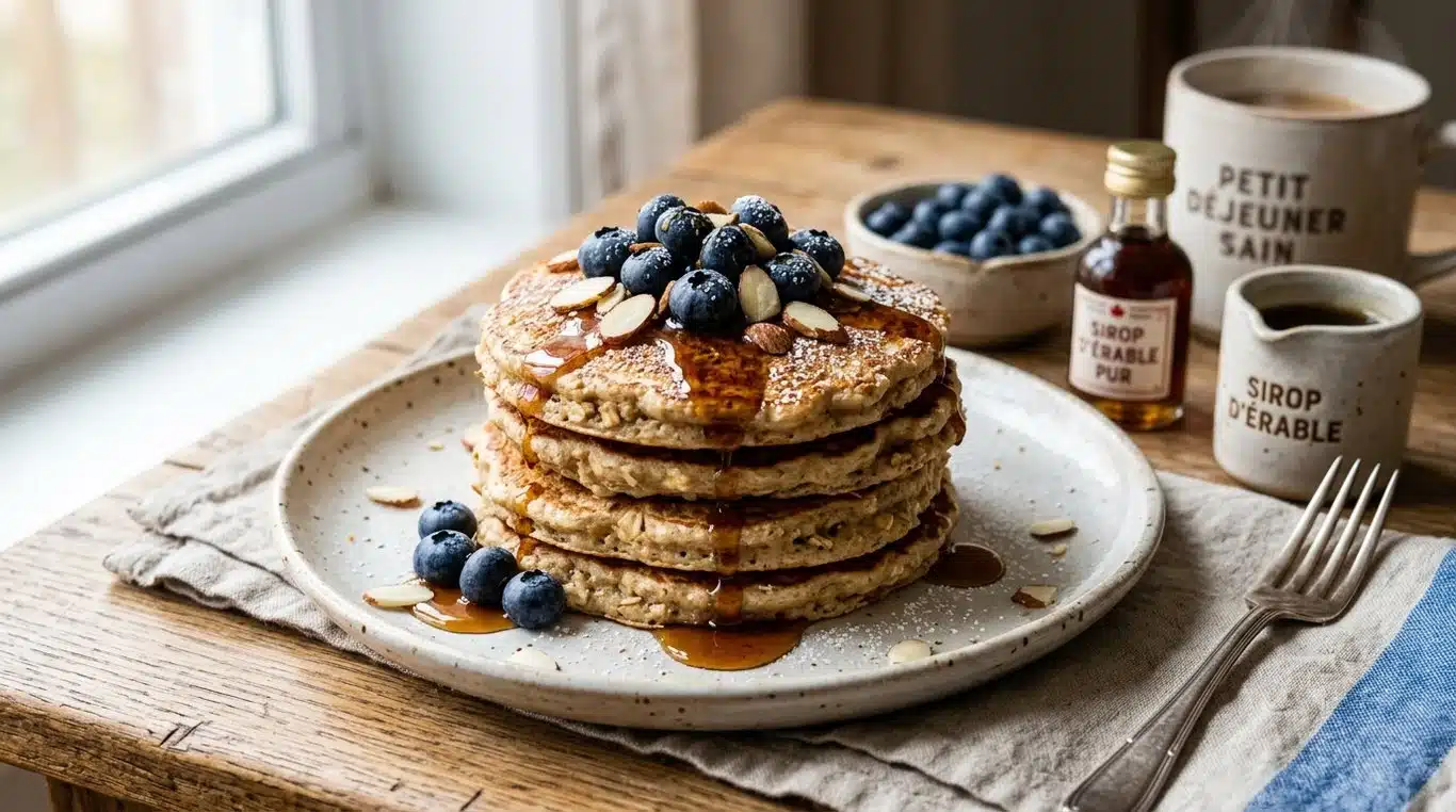 Pancakes aux flocons d'avoine sans farine, dorés et gourmands, servis avec des fruits frais.