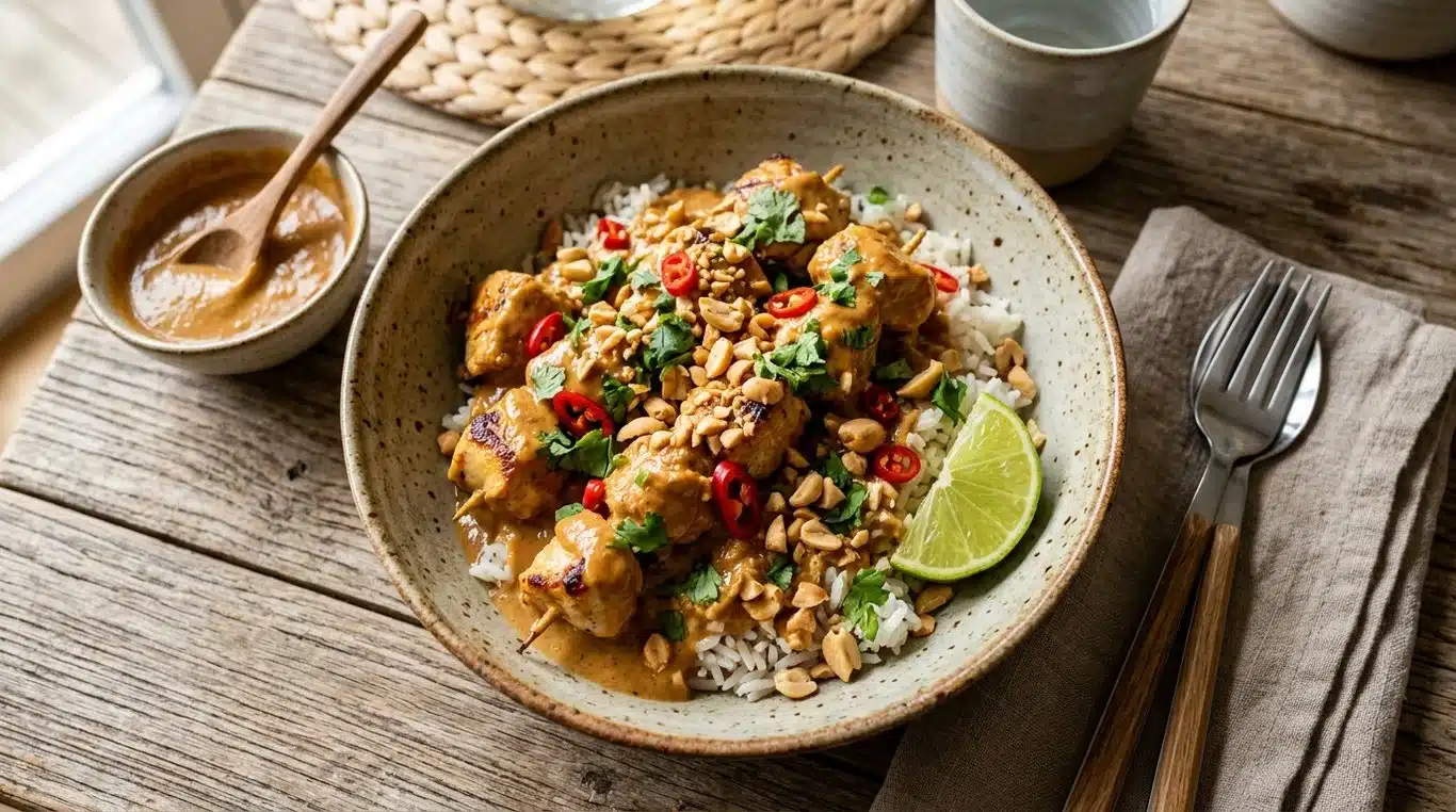 Poulet sauce cacahuète et lait de coco servi avec du riz