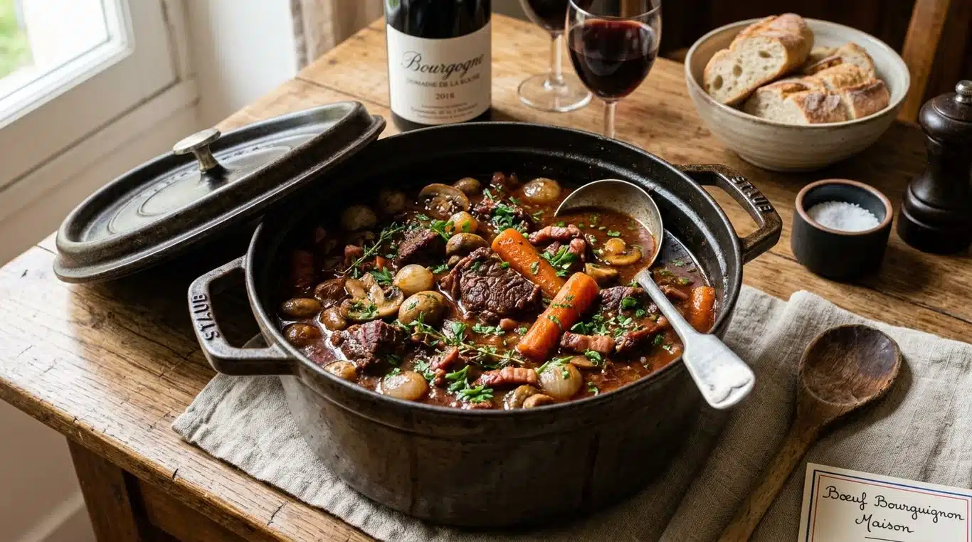 Plat de bœuf bourguignon traditionnel dans une cocotte en fonte