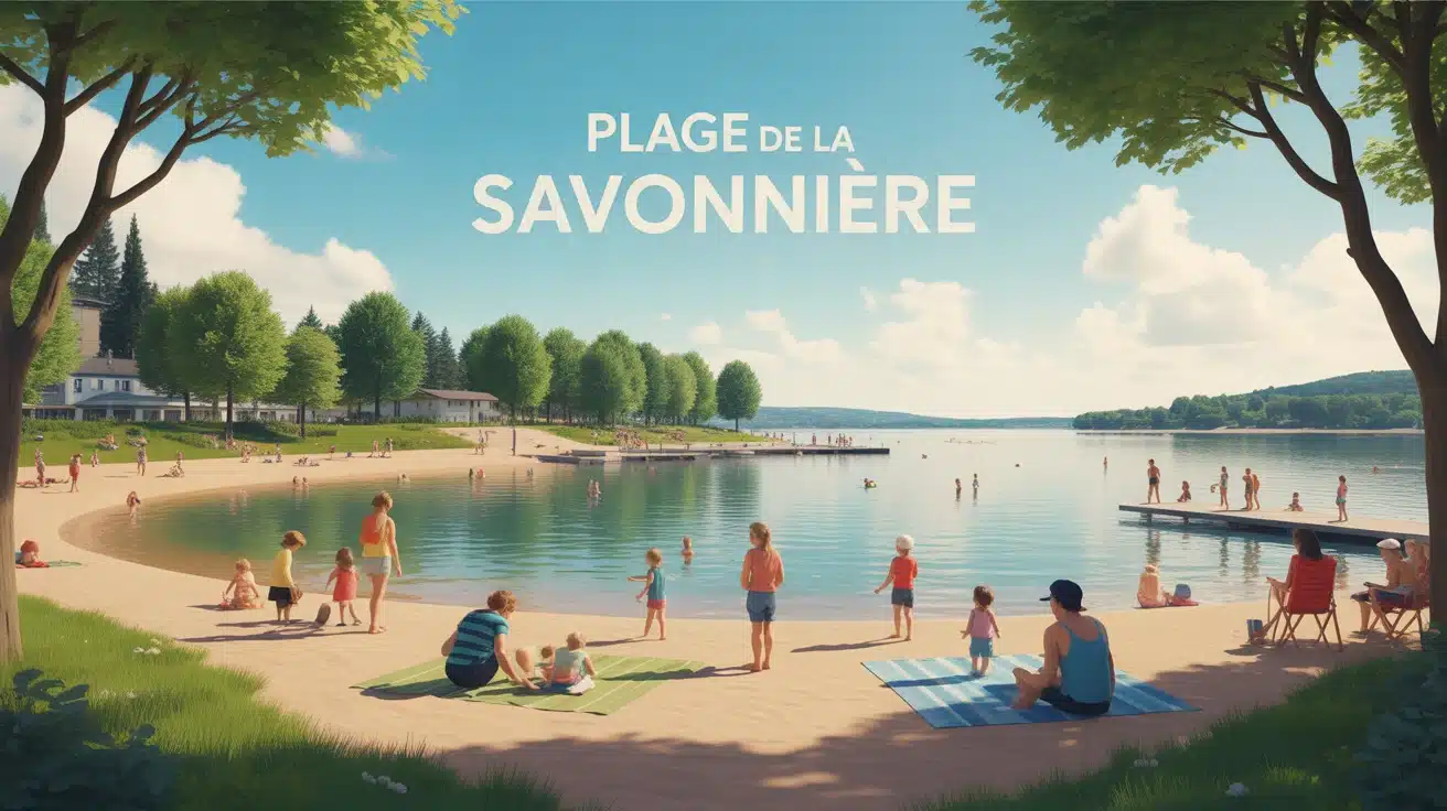 Plage de la Savonnière avec familles et sportifs au bord du lac