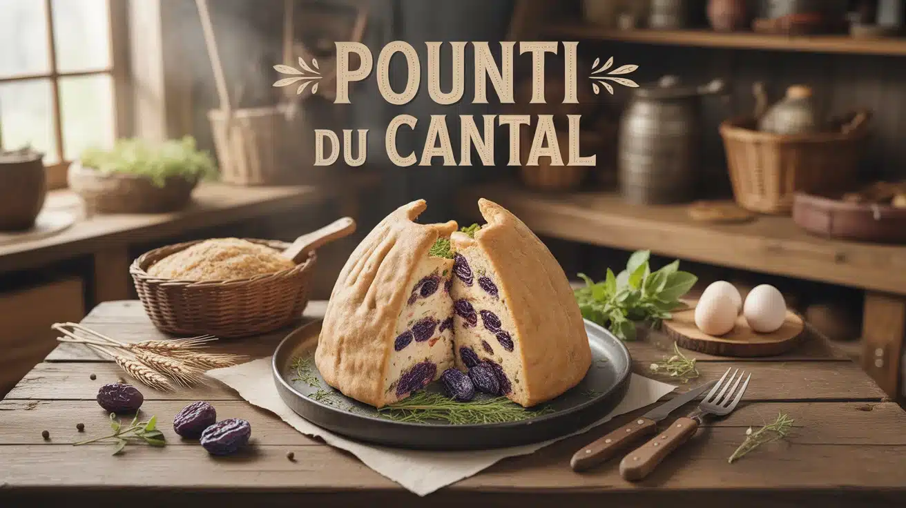 Pounti du Cantal tranché avec pruneaux et herbes sur table rustique