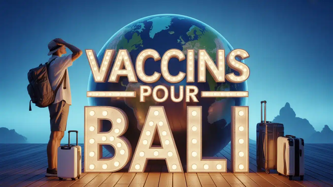 Illustration colorée voyageur avec vaccins pour Bali