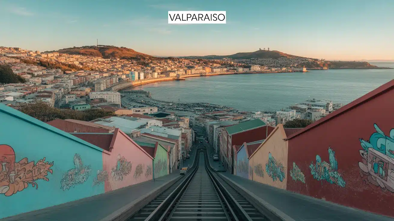 Vue stylisée de Valparaiso avec collines colorées et funiculaires anciens