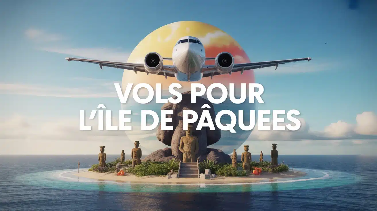 Avion survolant île de Pâques avec statues Moaï
