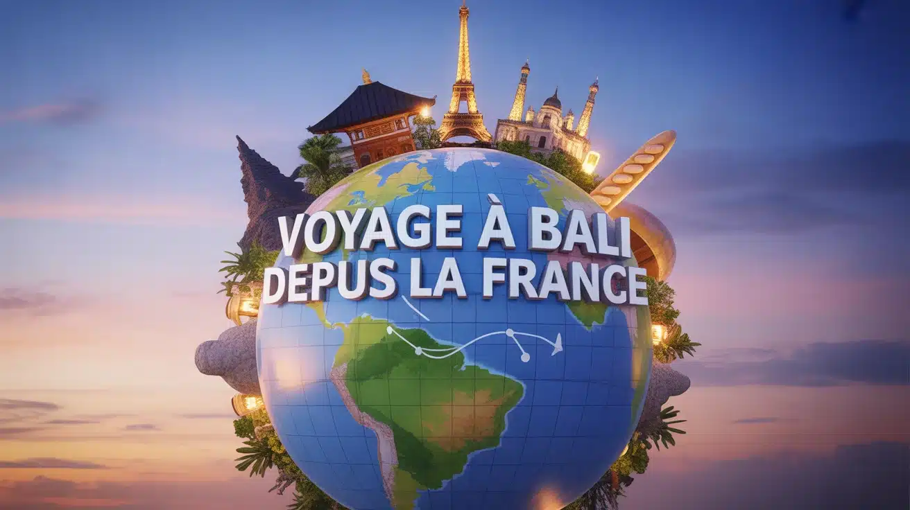 Illustration vectorielle voyage à Bali depuis la France avec globe terrestre et monuments
