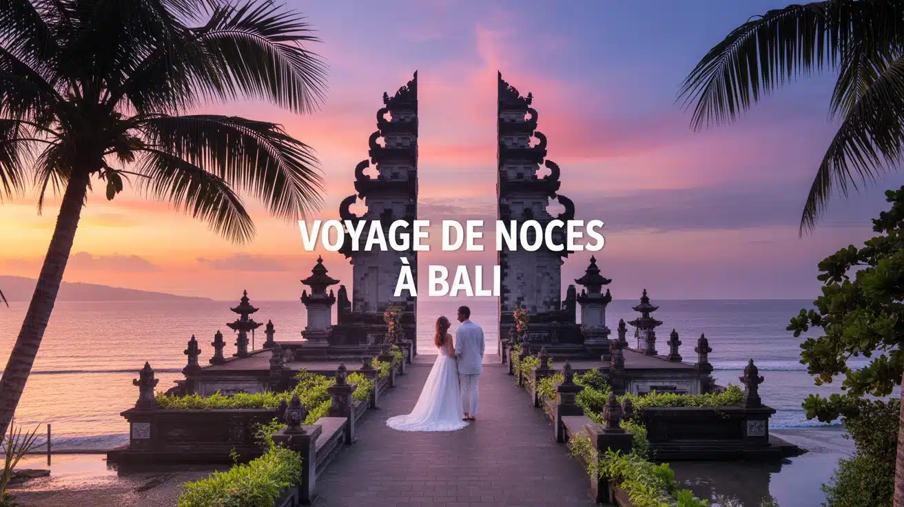 Paysage romantique voyage de noces à Bali avec temples et rizières