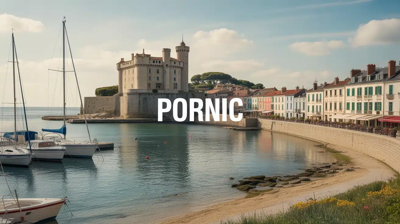 Illustration vectorielle de Pornic avec château médiéval et vieux port