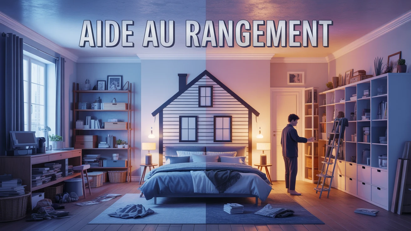 aide rangement maison illustration avant après