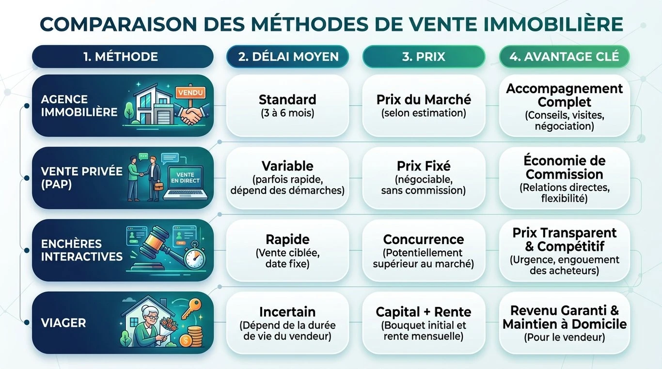 Infographie comparative des méthodes de vente immobilière en cas de divorce