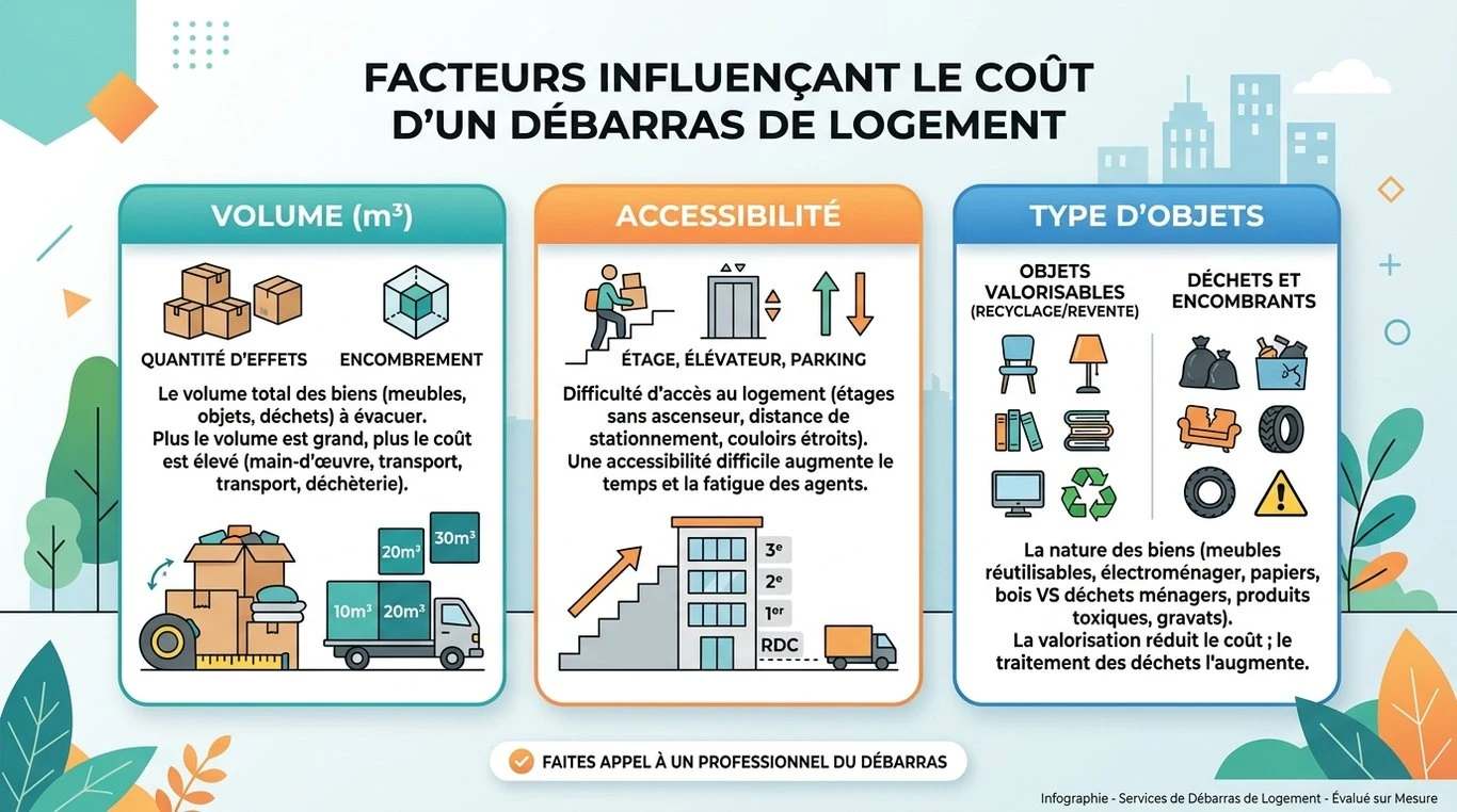 Infographie des facteurs influençant le coût d'un débarras de maison