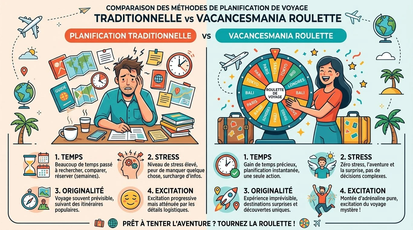 Infographie comparative : Planification classique vs Roulette destination Vacancesmania