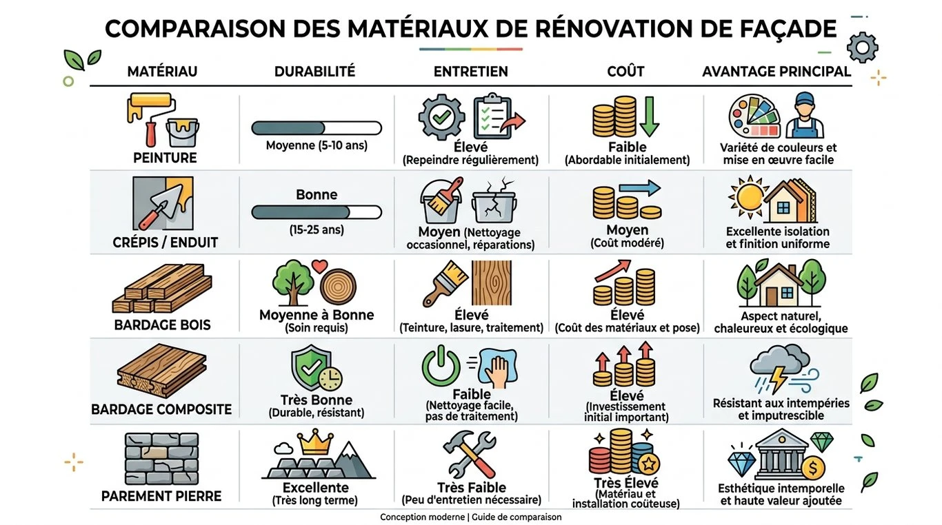 Tableau comparatif des solutions de rénovation de façade : matériaux, durabilité, entretien et coût.