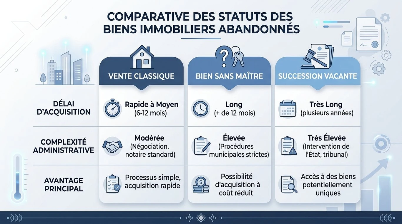 Infographie comparative des procédures d'acquisition d'une maison abandonnée