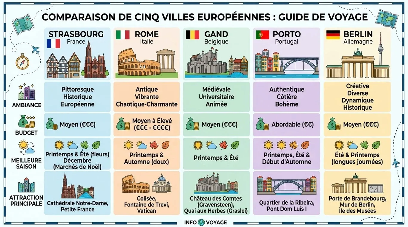 Infographie comparative des destinations de voyage : Strasbourg, Rome, Gand, Porto et Berlin.