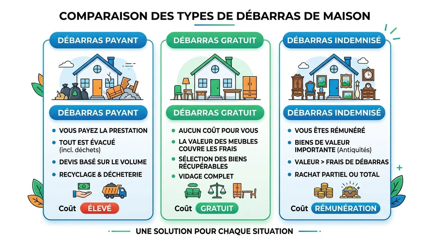 Infographie comparative des trois types de débarras de maison : payant, gratuit et indemnisé.