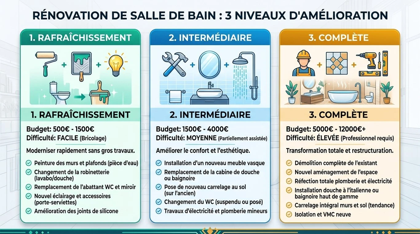 Infographie récapitulative des budgets et niveaux de complexité pour une rénovation de salle de bain