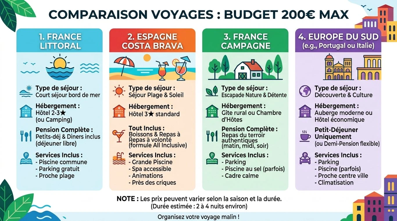 Infographie comparative des options de voyage tout compris à moins de 200 euros