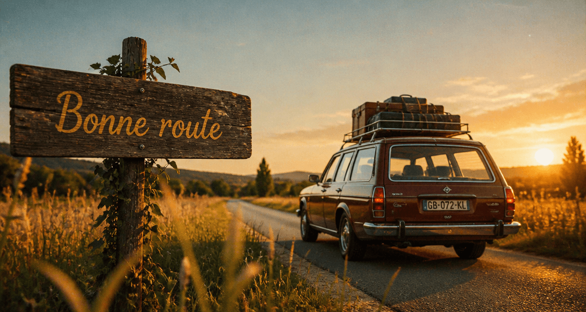 bonne route panneau route campagne voiture valises