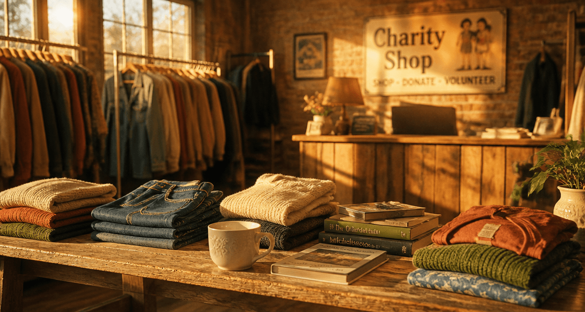 Charity shop intérieur chaleureux vêtements pliés