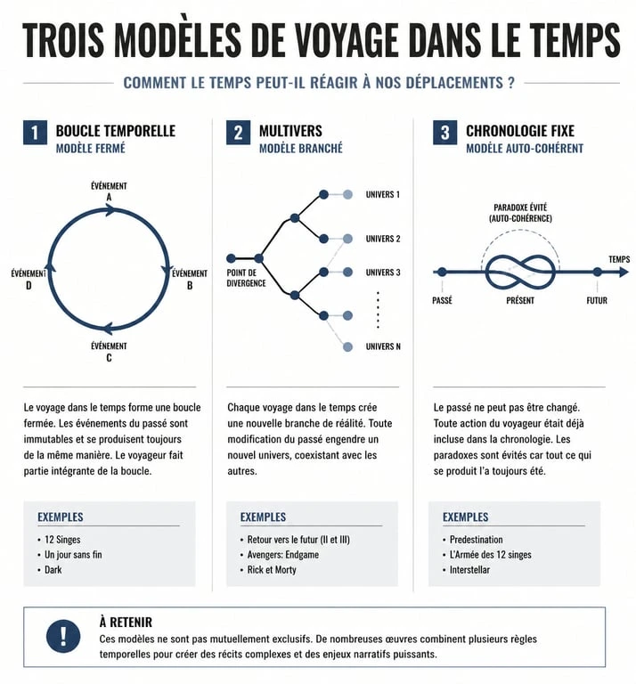 Infographie des mécaniques de voyage dans le temps au cinéma : boucle, multivers et paradoxe