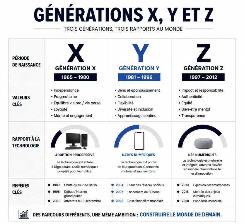 Infographie comparative des générations X, Y et Z : dates, valeurs et rapport à la technologie