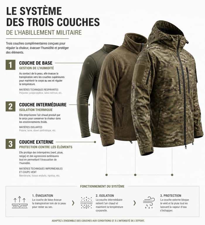 Infographie du système des trois couches de l'habillement militaire pour la protection thermique.