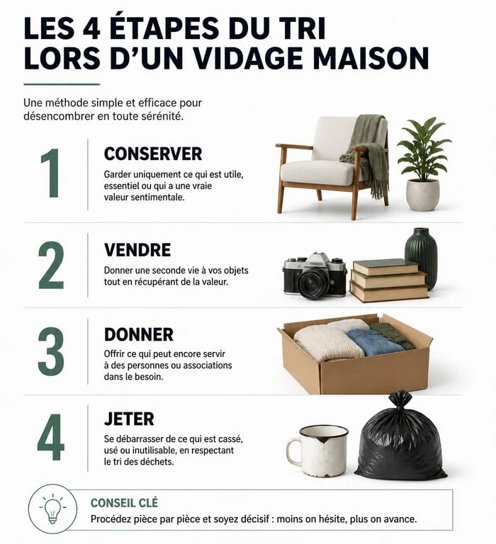 Infographie des étapes de tri pour un vidage maison efficace