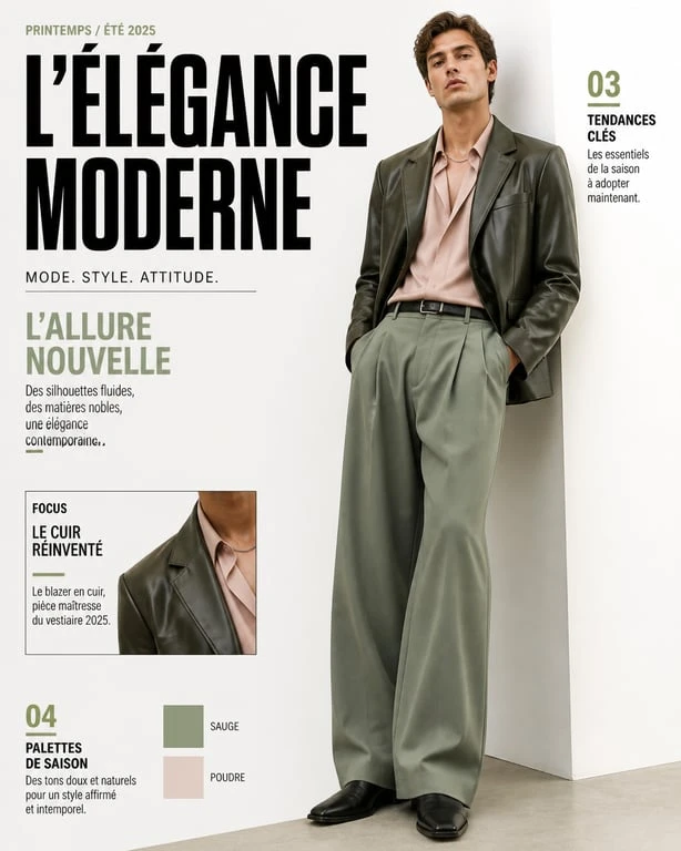 Look homme 2025 : silhouette masculine tendance avec blazer en cuir et pantalon large