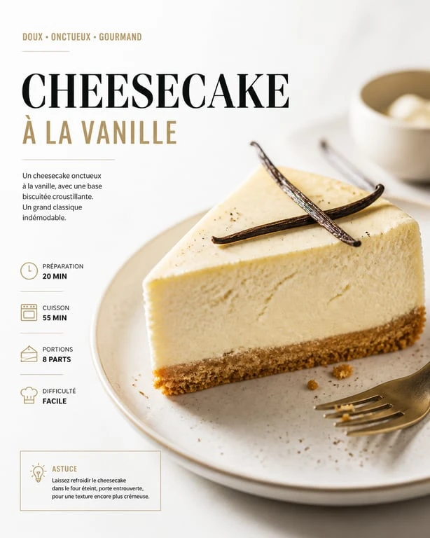 Cheesecake onctueux à la vanille sur une assiette, recette cheesecake maison