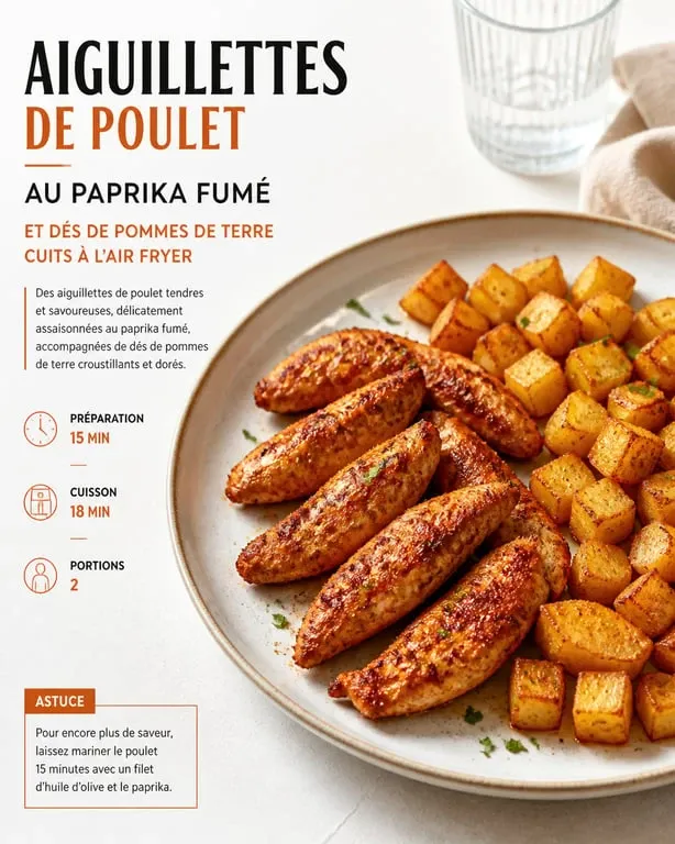 Recette facile air fryer : poulet croustillant au paprika et pommes de terre dorées dans une assiette