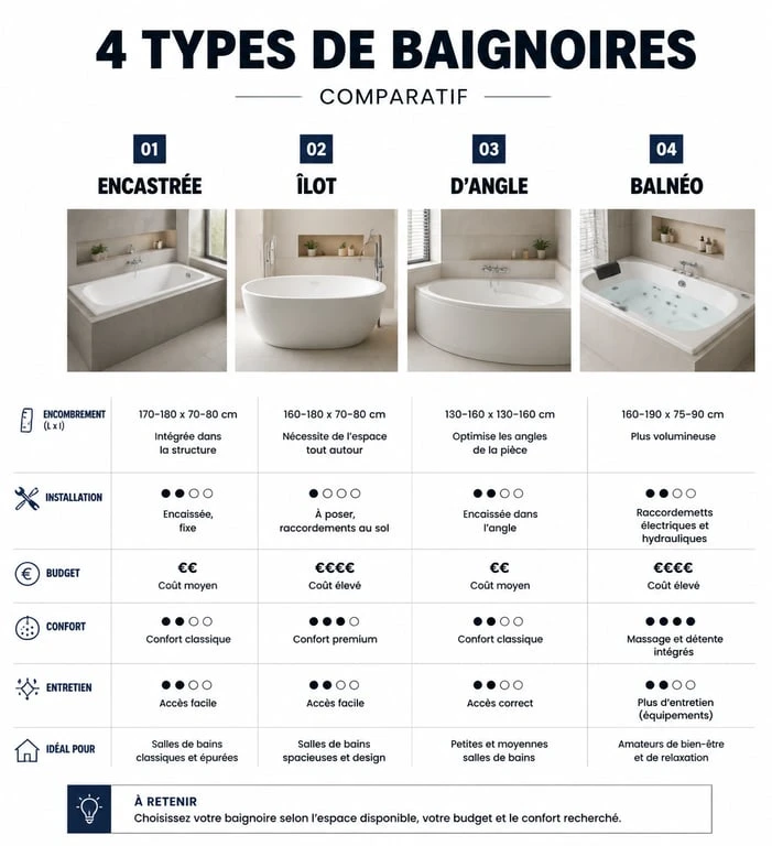 Infographie comparative des différents modèles de baignoire de salle de bain : encastrée, îlot, d'angle et balnéo.