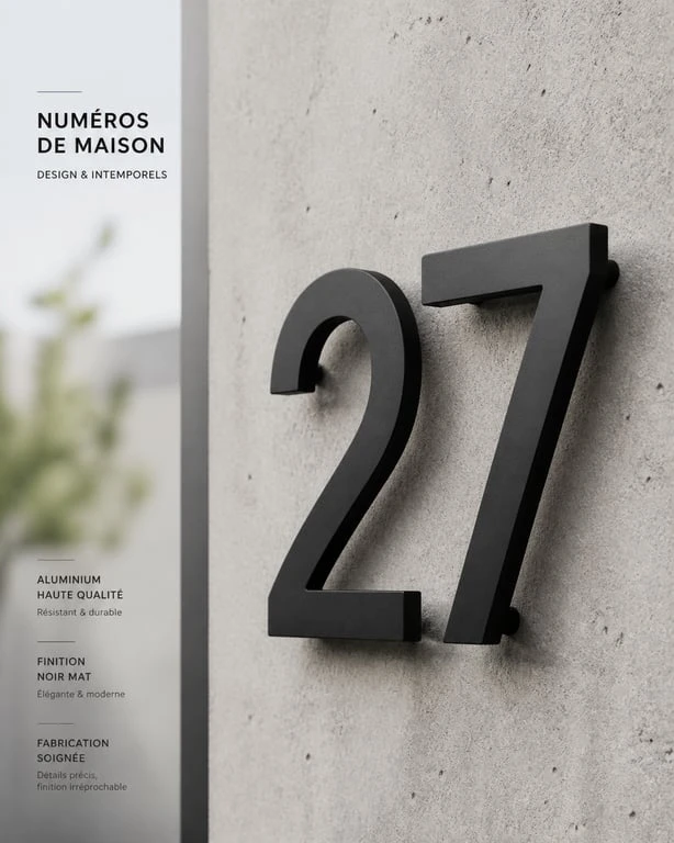 Numéro de maison design moderne en aluminium noir sur mur béton