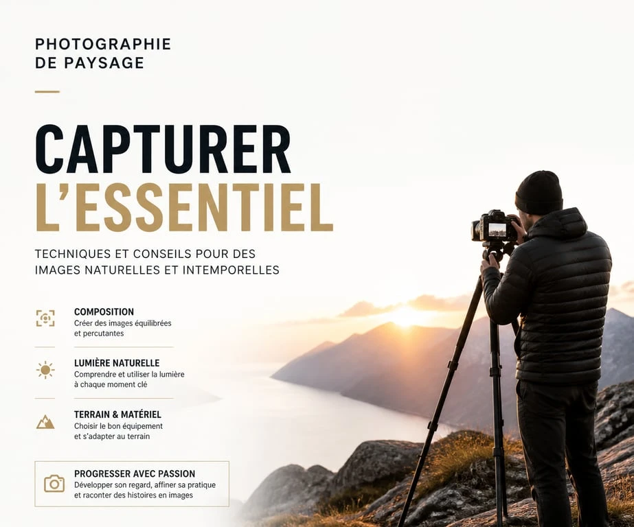 Photographe professionnel en voyage photo capturant un paysage de montagne au lever du soleil