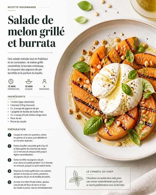 Salade de melon grillé à la burrata et pignons de pin, une recette estivale rafraîchissante