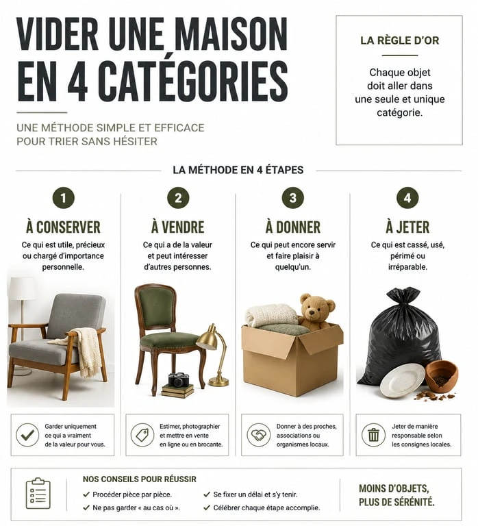 Infographie de la méthode de tri pour vider une maison par où commencer : conserver, vendre, donner ou jeter.