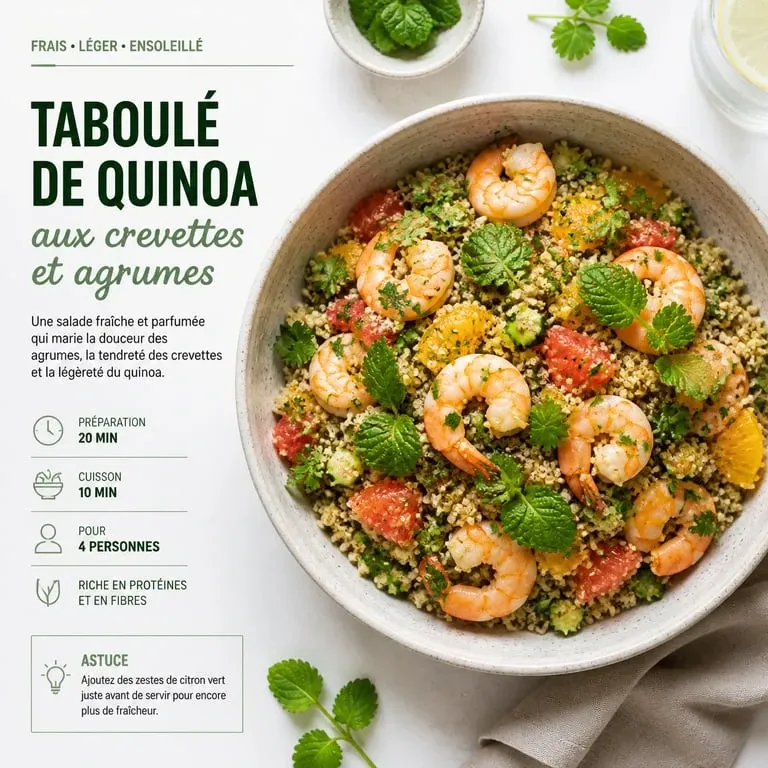 Taboulé de quinoa aux crevettes et agrumes pour un repas froid entre amis