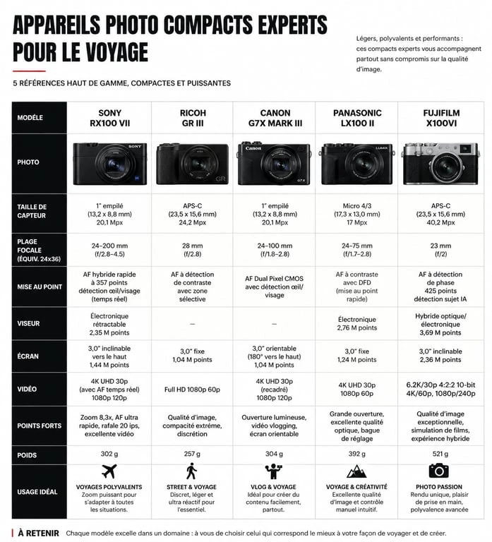 Infographie comparative des meilleurs compacts experts pour voyager : Sony, Ricoh, Canon, Panasonic, Fujifilm