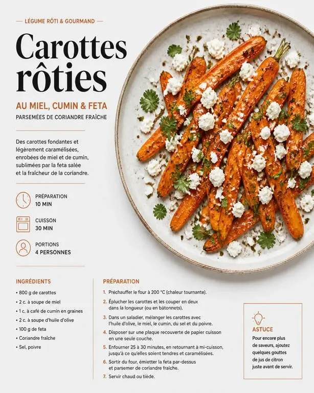 Recette de carottes rôties au miel, cumin et feta dans une assiette