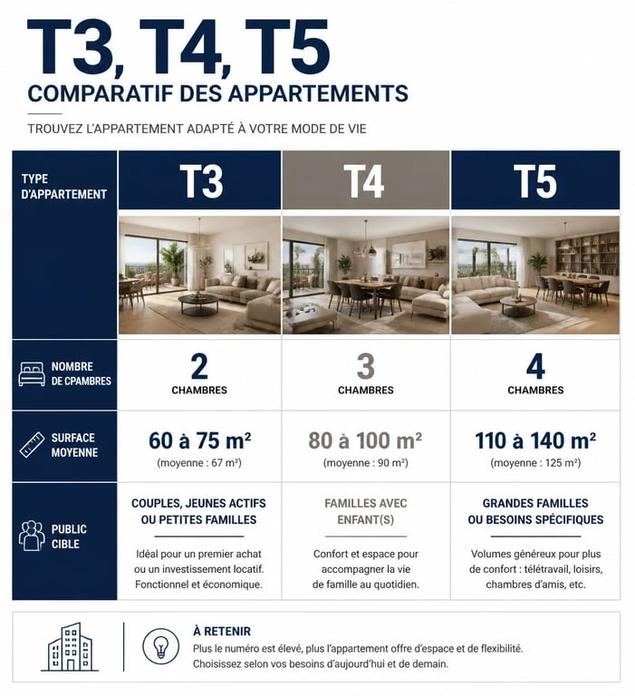 Comparatif des caractéristiques entre appartement T3, T4 et T5