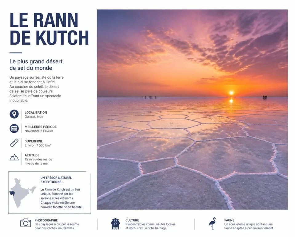 Paysage spectaculaire du désert de sel du Rann de Kutch en Inde au coucher du soleil