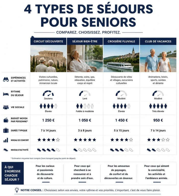 Comparatif des types de voyages organisés pour personnes seules de 70 ans et plus