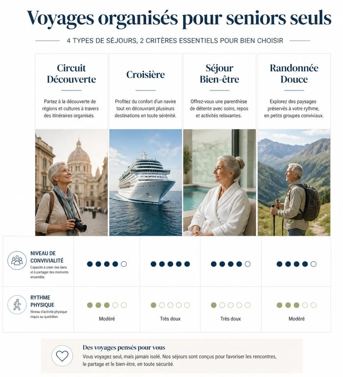 Infographie comparative des types de voyages organisés pour personnes seules de 60 ans et plus