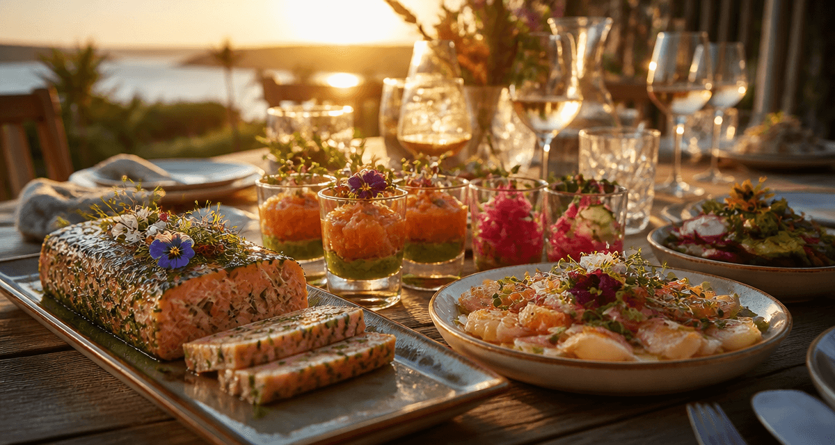 assortiment entrees froides sur table terrasse ambiance conviviale
