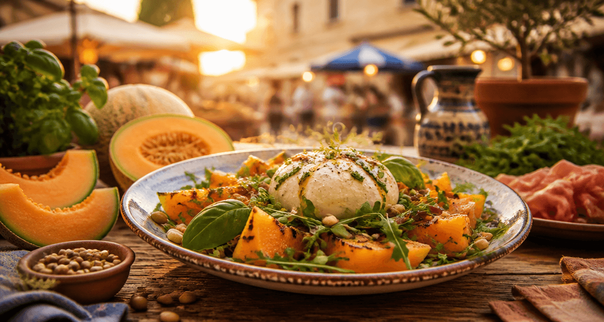 recette melon salade grillé burrata pignons