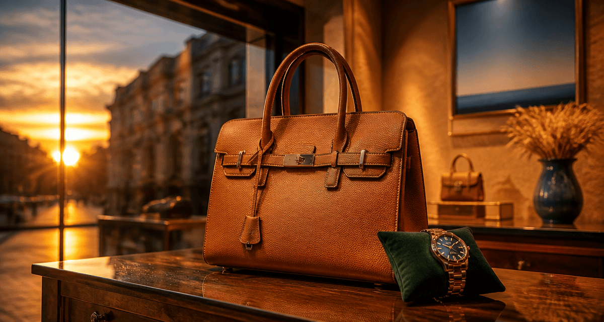 sac et montre marque de luxe sur comptoir