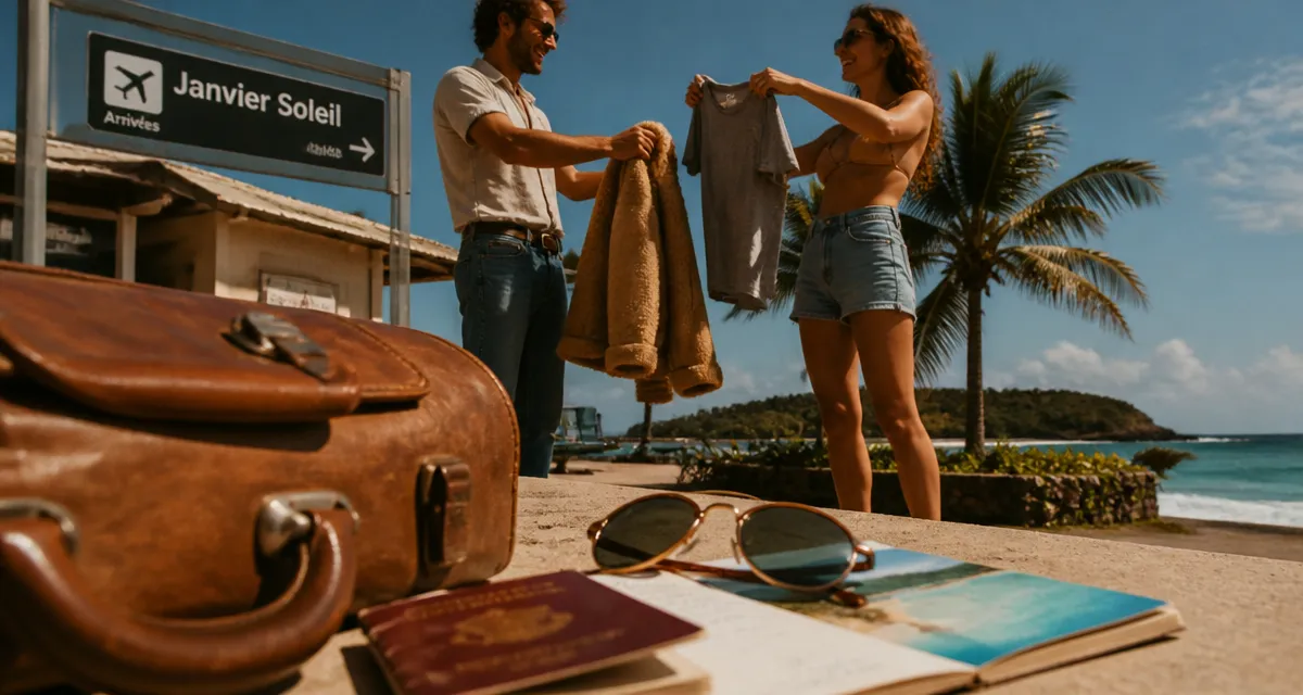 Destination soleil pas cher en hiver : couple échange manteau contre t-shirt sur une île